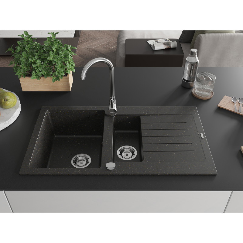 Mexen Matias chiuvetă de granit 1,5 compartimente cu scurgător 900 x 505 mm, negru/auriu metalic, sifon crom - 6502901505-75