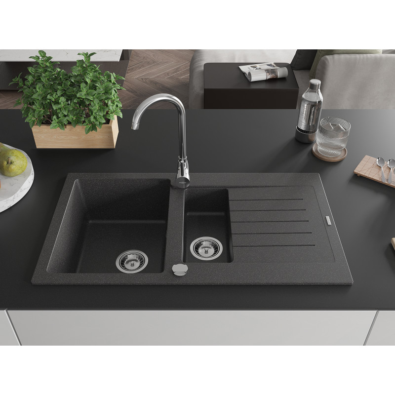 Mexen Matias chiuvetă de granit cu 1,5 compartimente cu scurgător 900 x 505 mm, negru cu pete, sifon crom - 6502901505-76