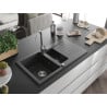 Mexen Matias chiuvetă din granit cu 1,5 cuve și scurgător 900 x 505 mm, negru cu pete, sifon crom - 6502901505-76