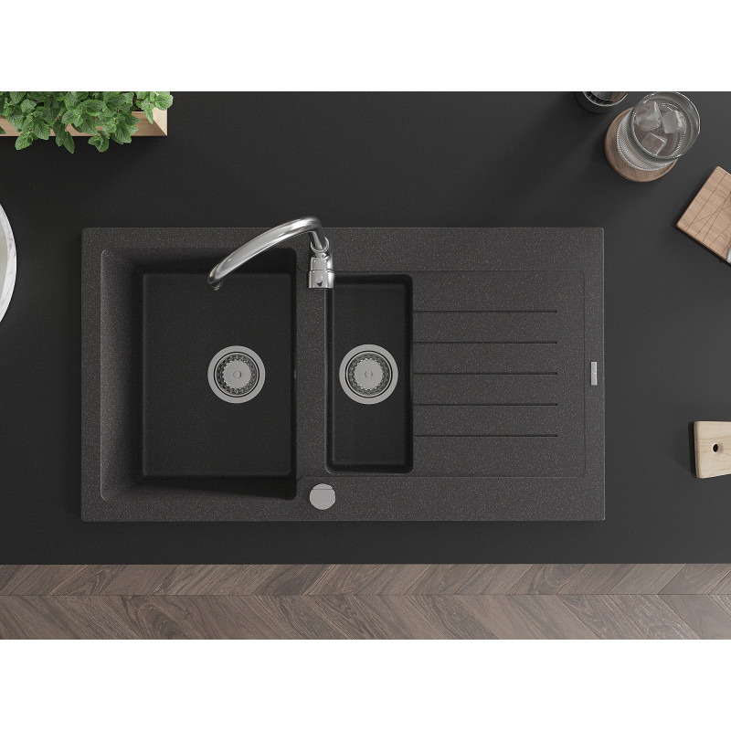 Mexen Matias chiuvetă de granit cu 1,5 compartimente cu scurgător 900 x 505 mm, negru cu pete, sifon crom - 6502901505-76