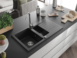 Mexen Matias Chiuvetă de granit de 1,5 compartiment cu picurător mic 900 x 505 mm, Neagră - 6502901505-77