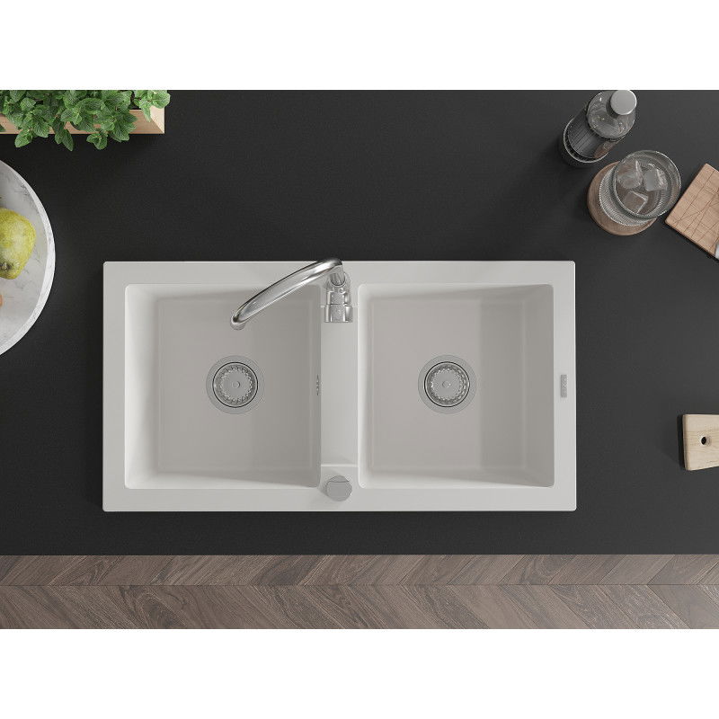 Mexen Mario chiuvetă de granit cu 2 compartimente 820 x 436 mm, alb, sifon crom - 6504822000-20