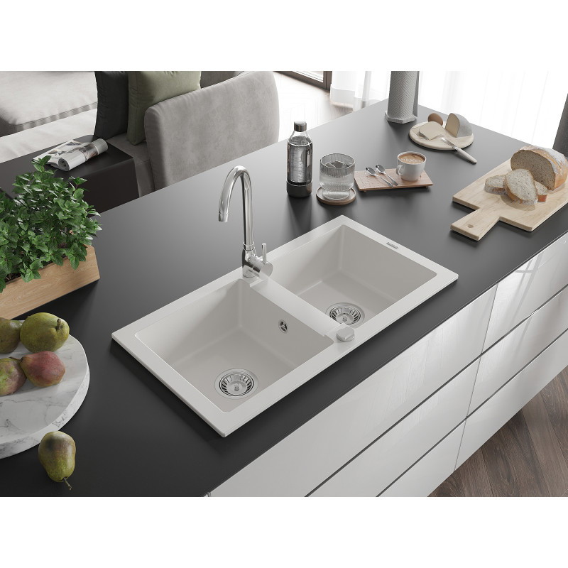 Mexen Mario chiuvetă de bucătărie din granit cu 2 compartimente 820 x 436 mm, alb, sifon cromat - 6504822000-20
