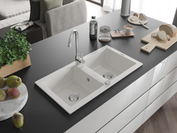 Mexen Mario chiuvetă de bucătărie din granit cu 2 compartimente 820 x 436 mm, alb, sifon cromat - 6504822000-20