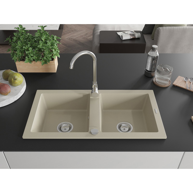 Mexen Mario chiuvetă din granit cu 2 compartimente 820 x 436 mm, bej, sifon crom - 6504822000-69