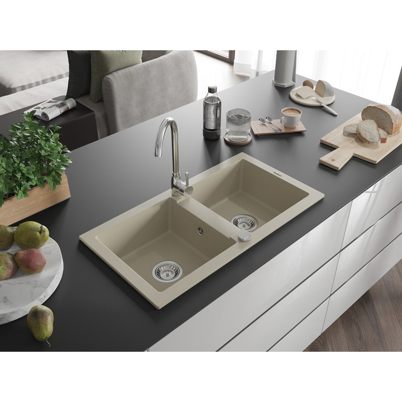 Mexen Mario chiuvetă din granit cu 2 compartimente 820 x 436 mm, bej, sifon crom - 6504822000-69