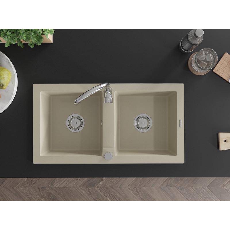 Mexen Mario chiuvetă din granit cu 2 compartimente 820 x 436 mm, bej, sifon crom - 6504822000-69