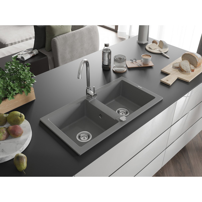 Mexen Mario chiuvetă de bucătărie din granit cu 2 cuve 820 x 436 mm, gri, sifon cromat - 6504822000-71