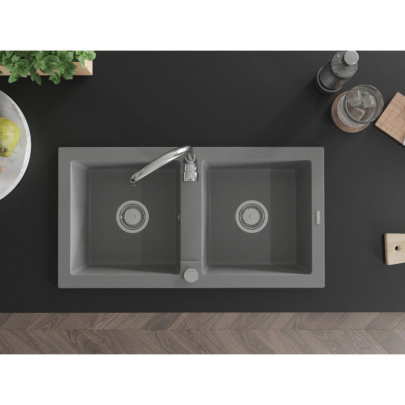 Mexen Mario chiuvetă din granit cu 2 compartimente 820 x 436 mm, gri, sifon cromat - 6504822000-71