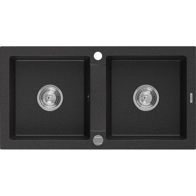 Mexen Mario gránit mosogató 2-medencés 820 x 436 mm, fekete/ezüst metál, króm szifon - 6504822000-73