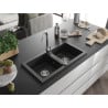 Mexen Mario gránit mosogató 2 rekeszes 820 x 436 mm, fekete/ezüst metál, króm szifon - 6504822000-73