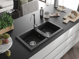 Mexen Mario Chiuvetă de granit cu 2 compartimente 820 x 436 mm, Neagră/Argintiu metalic - 6504822000-73