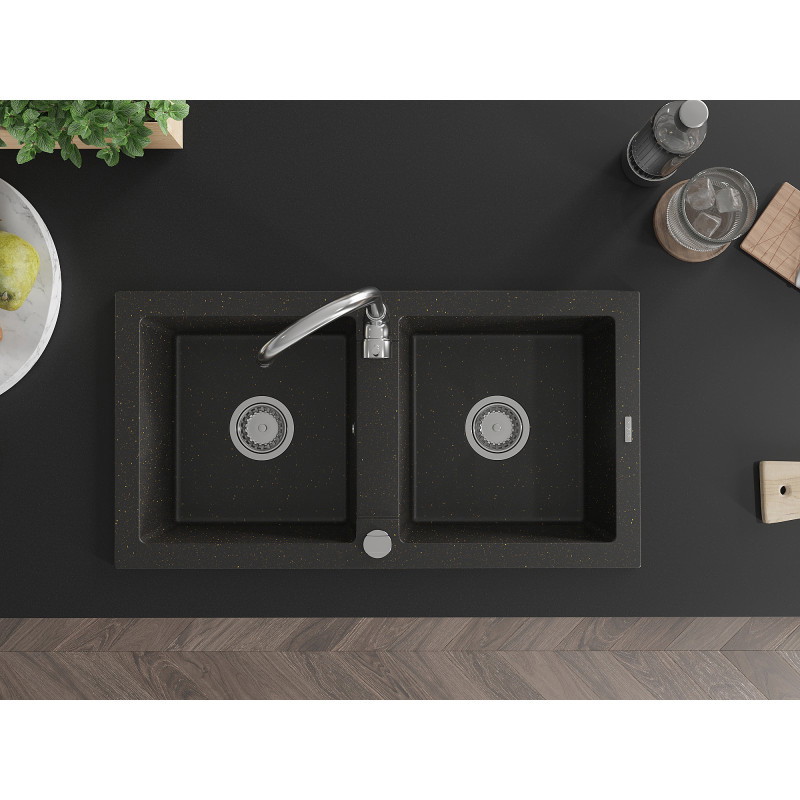 Mexen Mario kétmedencés gránit mosogató 820 x 436 mm, fekete/arany metál, króm szifon - 6504822000-75