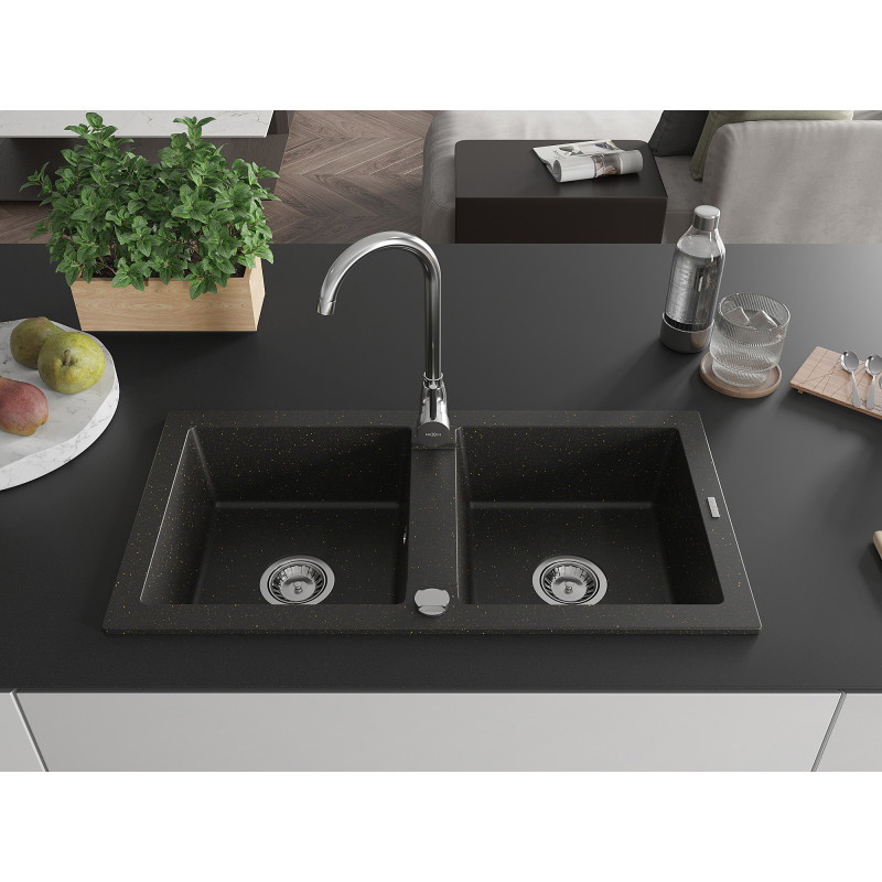 Mexen Mario chiuvetă de granit cu 2 compartimente 820 x 436 mm, negru/auriu metalic, sifon cromat - 6504822000-75