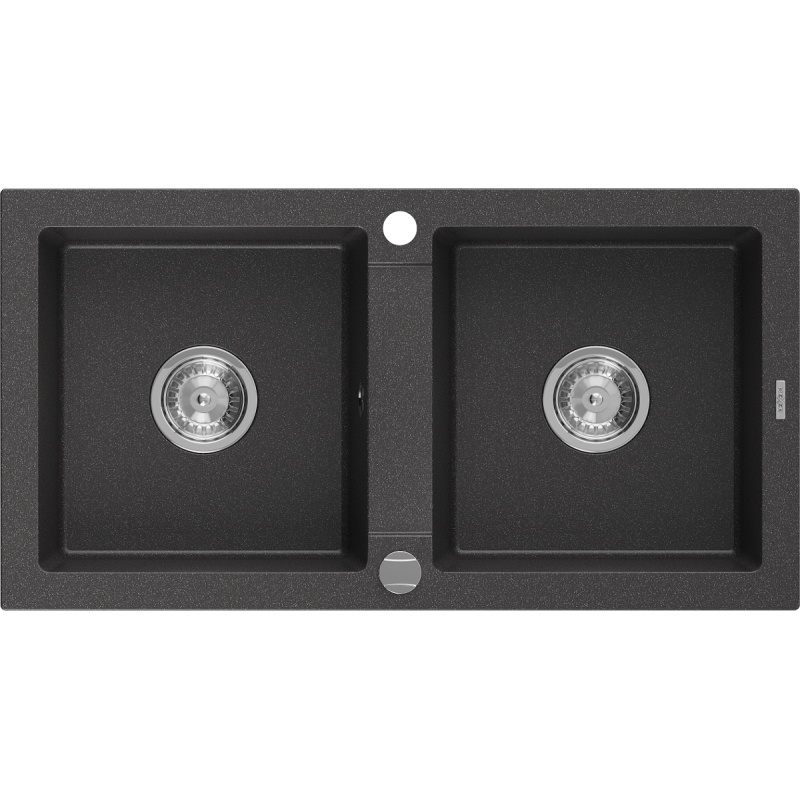 Mexen Mario gránit 2-medencés mosogató 820 x 436 mm, fekete fröcskölt, krómozott szifon - 6504822000-76