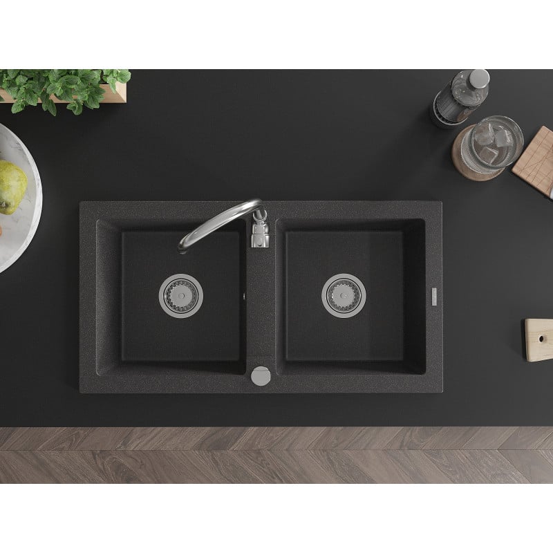 Mexen Mario chiuvetă de granit cu 2 compartimente 820 x 436 mm, negru cu pete, sifon crom - 6504822000-76