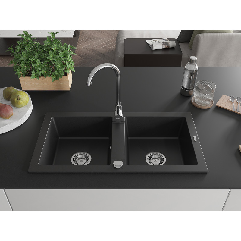 Mexen Mario chiuvetă de granit cu 2 compartimente 820 x 436 mm, negru, sifon crom - 6504822000-77