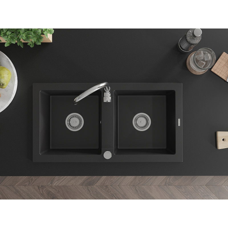 Mexen Mario 2-medencés gránit mosogató 820 x 436 mm, fekete, króm szifon - 6504822000-77