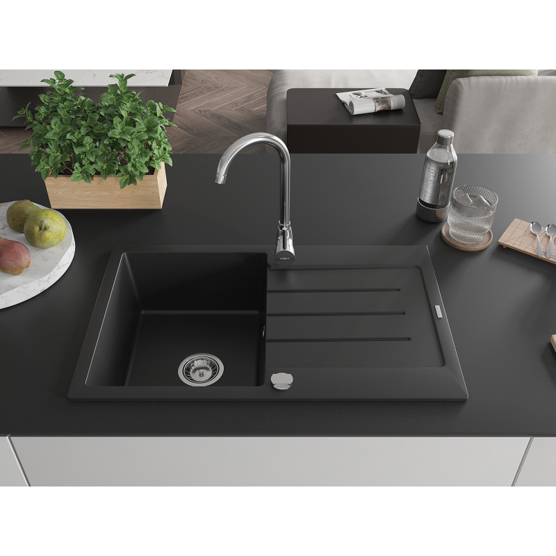 Mexen Bruno chiuvetă de granit cu o cuvă și scurgător 795 x 495 mm, negru, sifon cromat - 6513791010-77