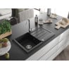 Mexen Bruno chiuvetă de bucătărie din granit cu 1 cuvă și picurător 795 x 495 mm, negru, sifon crom - 6513791010-77