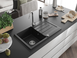 Mexen Bruno 1-medencés gránit mosogató edényszárítóval 795 x 495 mm, Fekete - 6513791010-77