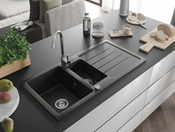 Mexen Andres chiuvetă din granit cu 1,5 camere și scurgător 1000 x 500 mm, negru/auriu metalic, sifon crom - 6515101510-75