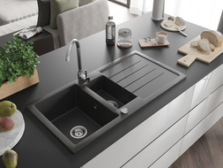 Mexen Andres chiuvetă din granit cu 1,5 compartimente și scurgător 1000 x 500 mm, negru cu pete, sifon crom - 6515101510-76