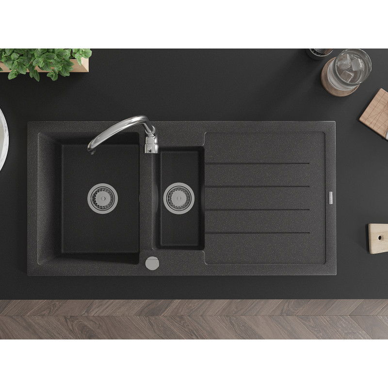 Mexen Andres chiuvetă din granit cu 1,5 compartimente și scurgător 1000 x 500 mm, negru cu pete, sifon crom - 6515101510-76