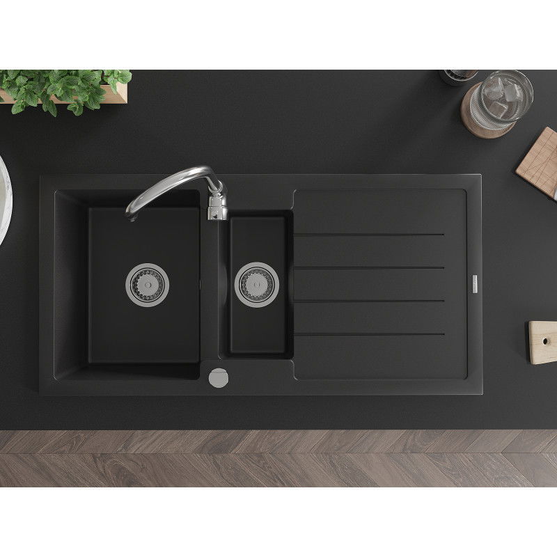 Mexen Andres 1,5-medencés gránit mosogató csepegtetővel 1000 x 500 mm, fekete, króm szifon - 6515101510-77