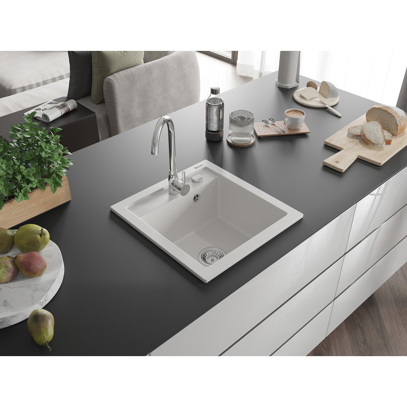 Mexen Vito gránit mosogató 1-medencés 520 x 490 mm, fehér, króm szifon - 6503521000-20