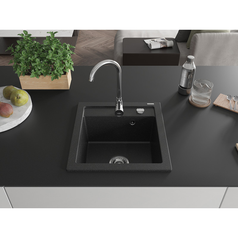 Mexen Vito gránit mosogató egykamrás 520 x 490 mm, fekete/ezüst metál, króm szifon - 6503521000-73