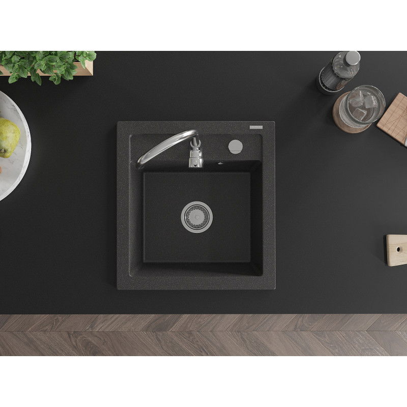 Mexen Vito 1-medencés gránit mosogató 520 x 490 mm, fekete spriccelt, krómozott szifon - 6503521000-76