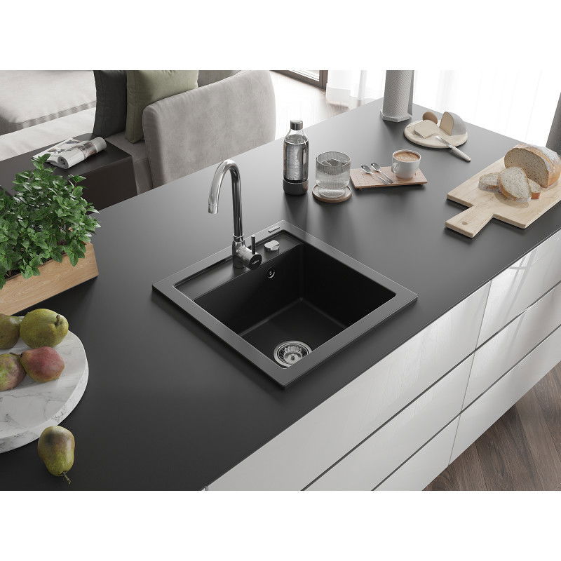 Mexen Vito chiuvetă din granit cu 1 compartiment 520 x 490 mm, negru, sifon crom - 6503521000-77