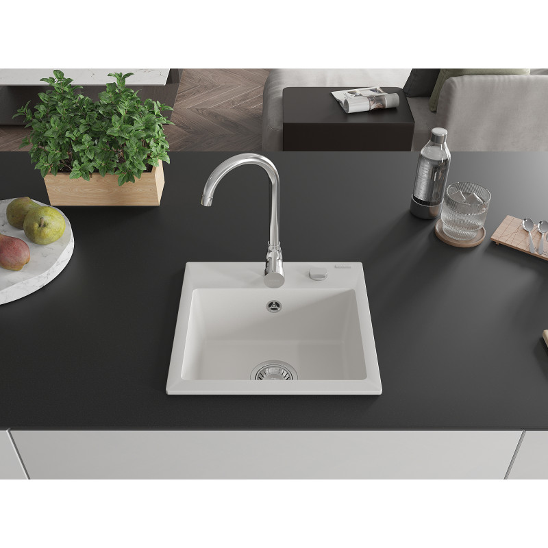 Mexen Milo chiuvetă de granit cu o cuvă 435 x 410 mm, alb, sifon cromat - 6505441000-20