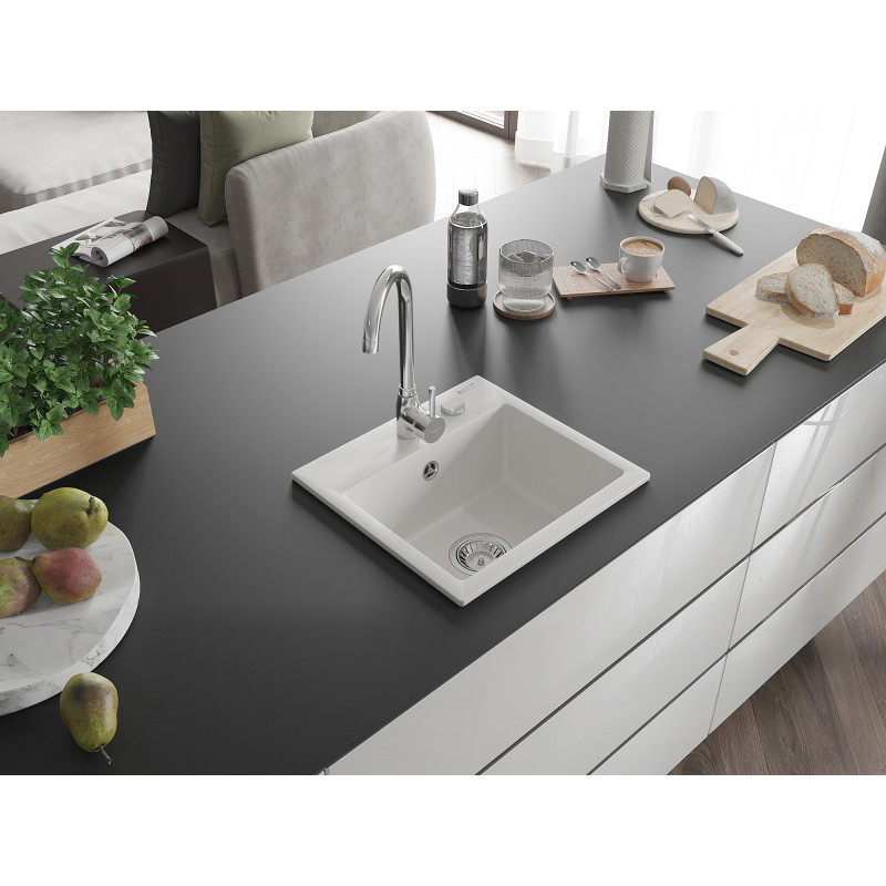Mexen Milo chiuvetă de granit cu o cuvă 435 x 410 mm, alb, sifon cromat - 6505441000-20