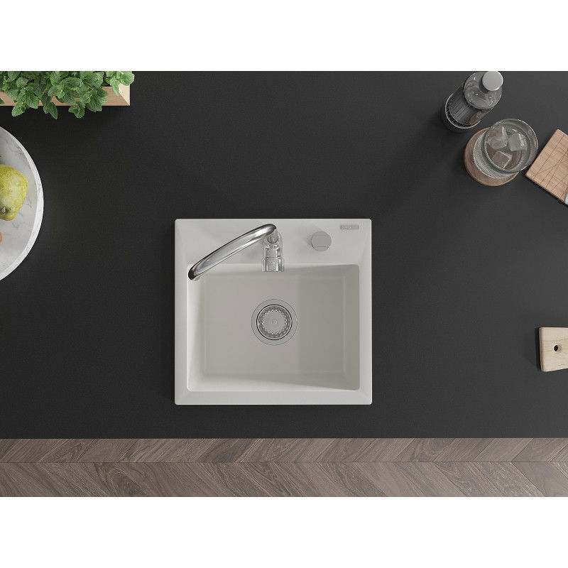 Mexen Milo chiuvetă din granit cu 1 compartiment 435 x 410 mm, albă, sifon crom - 6505441000-20
