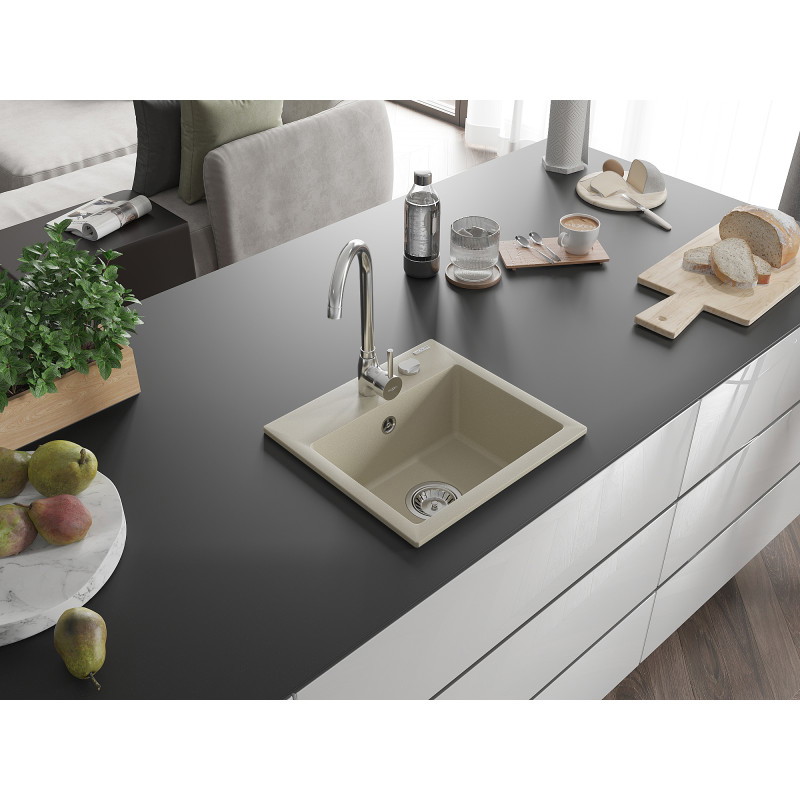 Mexen Milo 1-medencés gránit mosogató 435 x 410 mm, bézs, króm szifonnal - 6505441000-69