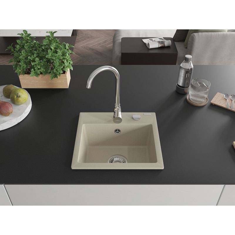 Mexen Milo 1-medencés gránit mosogató 435 x 410 mm, bézs, króm szifonnal - 6505441000-69