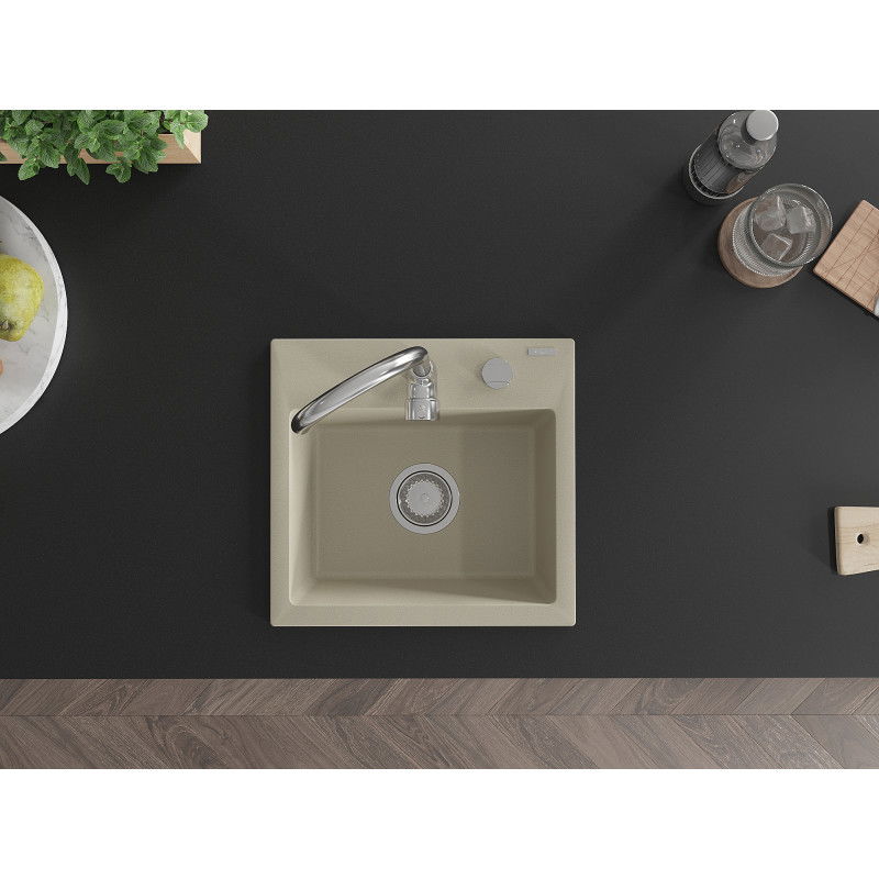 Mexen Milo gránitmosogató 1 rekeszes 435 x 410 mm, bézs, króm szifonnal - 6505441000-69
