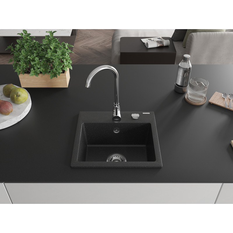 Mexen Milo chiuvetă de bucătărie din granit cu 1 compartiment, 435 x 410 mm, negru/argintiu metalizat, sifon cromat