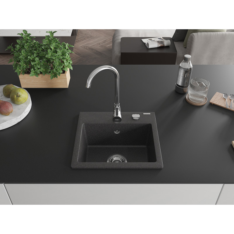 Mexen Milo gránit egymedencés mosogató 435 x 410 mm, fekete színű, krómszifonnal - 6505441000-76