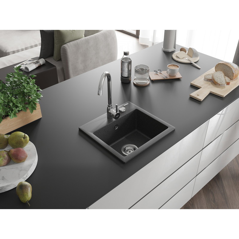 Mexen Milo gránit egymedencés mosogató 435 x 410 mm, fekete színű, krómszifonnal - 6505441000-76