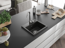 Mexen Milo chiuvetă de granit cu 1 cuvă 435 x 410 mm, neagră/auriu metalizat, sifon cromat - 6505441000-75