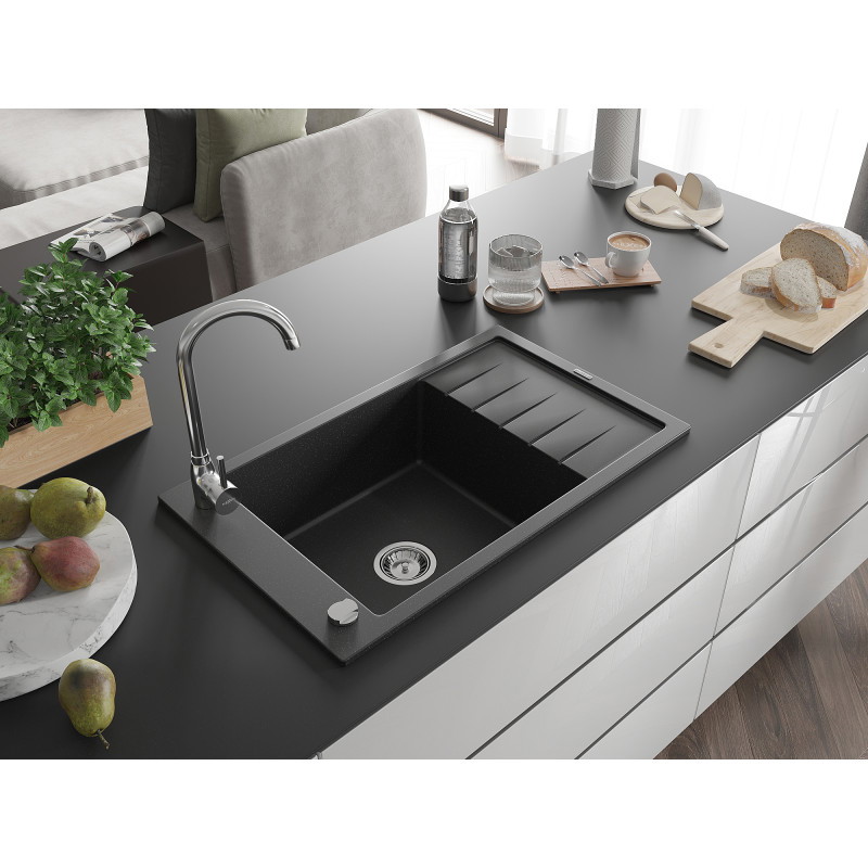 Mexen Elias chiuvetă de granit cu 1 compartiment și scurgător 795 x 480 mm, negru/argintiu metalizat, sifon crom