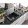 Mexen Elias chiuvetă din granit cu o cuvă și scurgător 795 x 480 mm, negru/argintiu metalic, sifon crom - 6511791005-73
