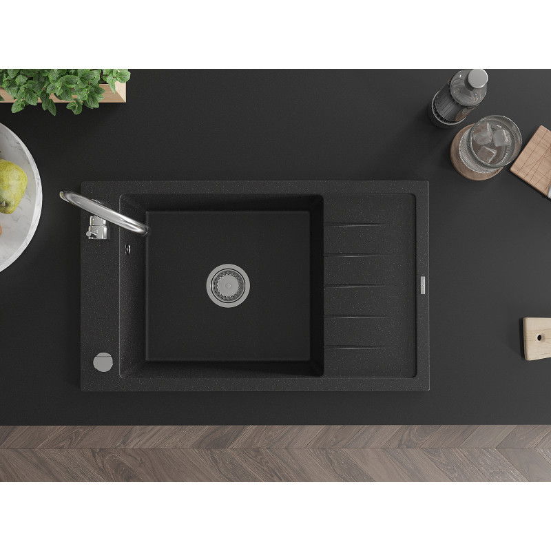 Mexen Elias chiuvetă din granit cu o cuvă și scurgător 795 x 480 mm, negru/argintiu metalic, sifon crom - 6511791005-73