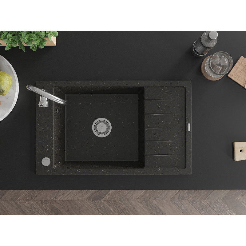 Mexen Elias chiuvetă din granit cu 1 compartiment și scurgător 795 x 480 mm, negru/auriu metalizat, sifon crom - 6511791005-75