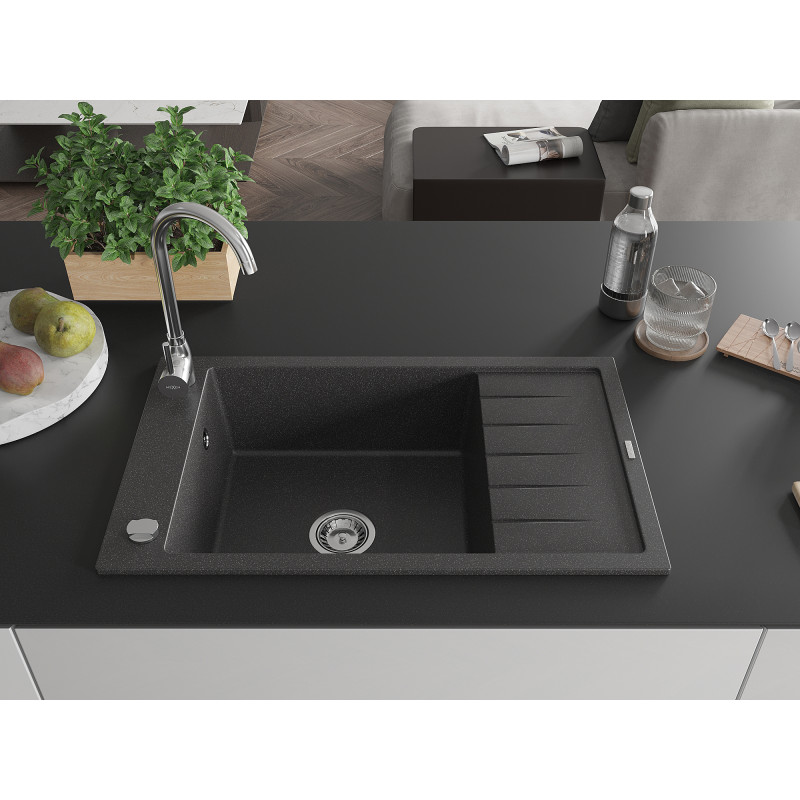 Mexen Elias chiuvetă de granit cu 1 cameră și scurgere 795 x 480 mm, negru stropit, sifon cromat - 6511791005-76