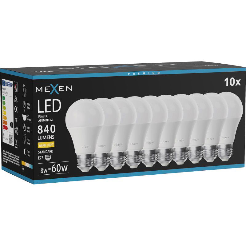 Mexen Nova 10x Bec LED E27, A60, 8W, Caldă - 3000K, 840 lm - L100-E27-0830-01x10