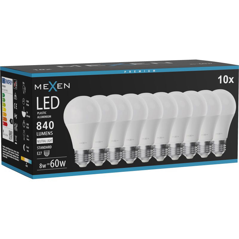 Mexen Nova 10x LED izzó E27, A60, 8W, Semleges - 4000K, 840 lm - L100-E27-0840-01x10